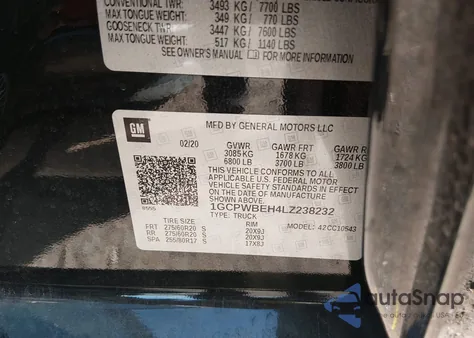 2020 Chevrolet Silverado 1500 2Wd Short Bed Custom z USA, uszkodzony, nr VIN 1GCPWBEH4LZ238232